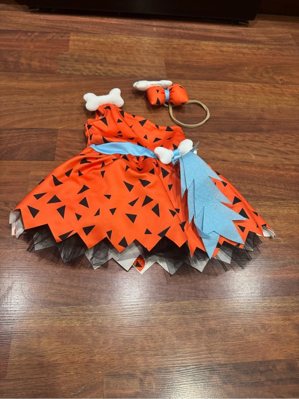 Halloween Costume - Orange Pebbles Flintstone Inspired Dress with Blue Sash
